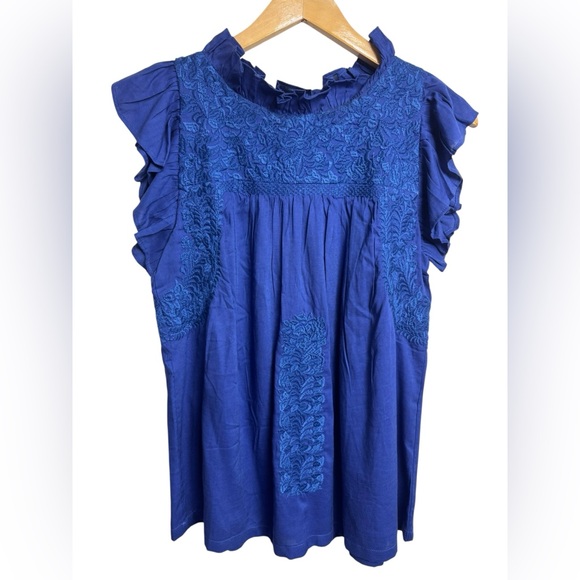 J. Marie Woven Embroidered Cap Sleeve Ruffled Trim Blue Top NWOT XS - Picture 4 of 8